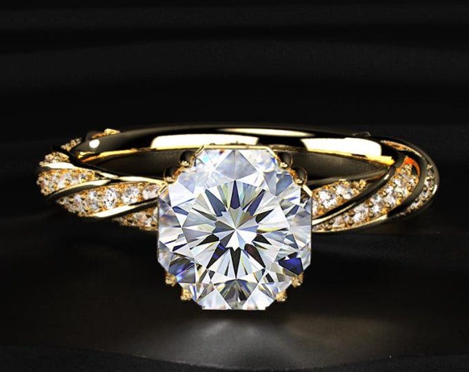Octagon Diamond Engagement Ring, Lab Grown Diamond Ring, Twisted Pave Band, Unique Gold Ring, Statement Bridal Ring Gift