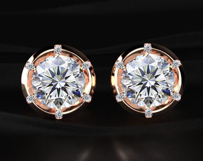 Round Lab Grown Diamond Stud Earrings Halo Diamond Studs Rose Gold Bezel Setting Earrings Bridal Gift for Her Fine Jewelry