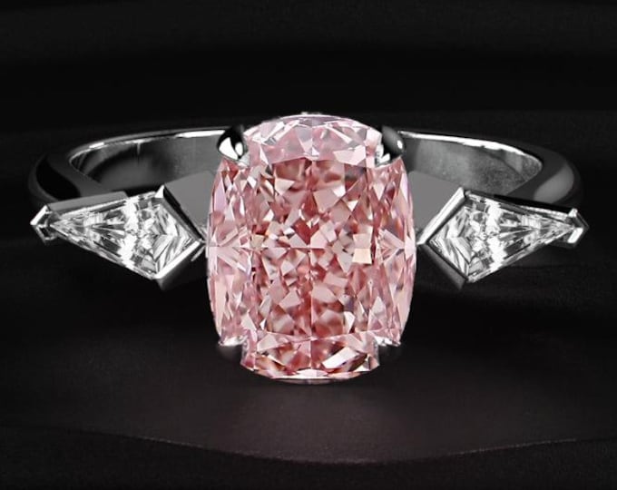 3CT Pink Elongated Cushion Cut Diamond Ring, Trillion Side Stone Engagement Ring, Three Stone Ring, Unique Luxury Proposal Ring Gift For Her