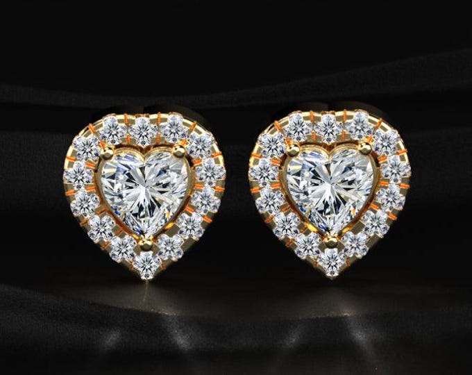 Heart Cut Halo Diamond Stud Earrings 1.00 TCW Lab Grown Diamond Heart Shape Earrings Gold Bridal Gift for Her Luxury Jewelry