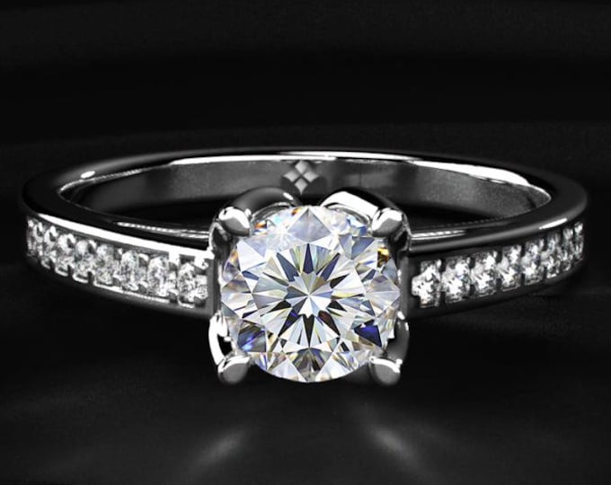 Round Cut Lab Grown Diamond Engagement Ring, Solitaire Diamond Ring with Pave Band, Classic White Gold Bridal Ring Anniversary Gift