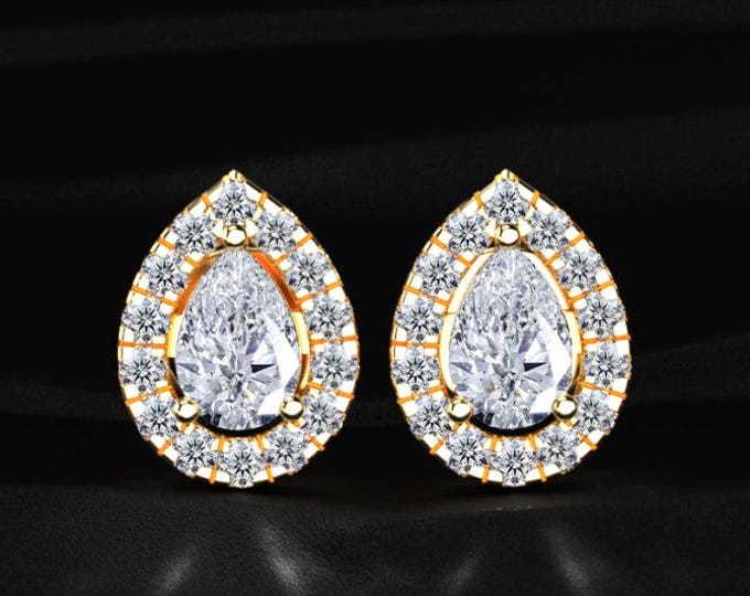 Pear Halo Diamond Stud Earrings Lab Grown Diamond Teardrop Halo Studs Bridal Earrings Gold Luxury Gift for Her