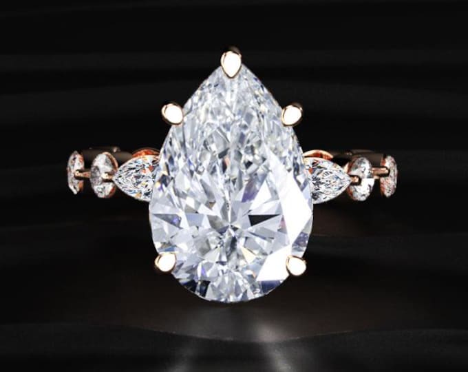 Pear Cut Lab Grown Diamond Engagement Ring, Vintage Style Diamond Ring, Marquise Side Stones Ring, Unique Bridal Gift