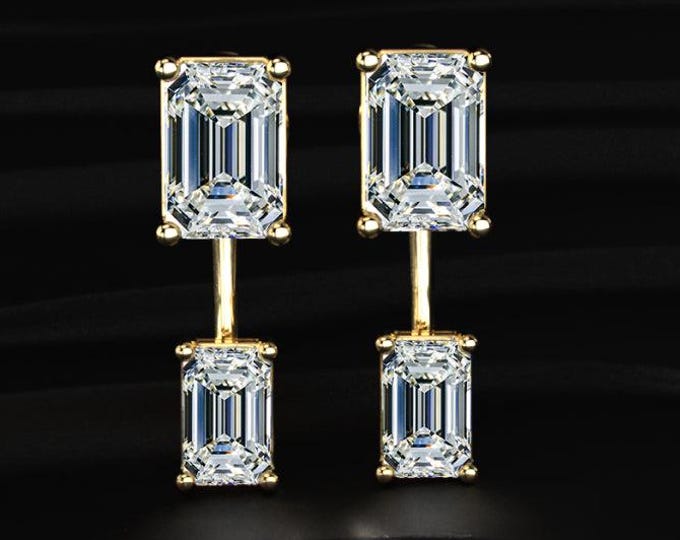 Emerald Cut Diamond Drop Earrings Lab Grown Diamond Dangle Earrings Minimal Gold Earrings Modern Luxury Jewelry Gift for Her