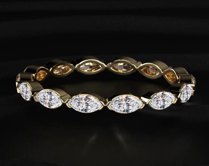 Marquise Cut Lab Grown Diamond Eternity Ring, Full Eternity Wedding Band, 14K Solid Gold Marquise Diamond Anniversary Band, Stackable Ring