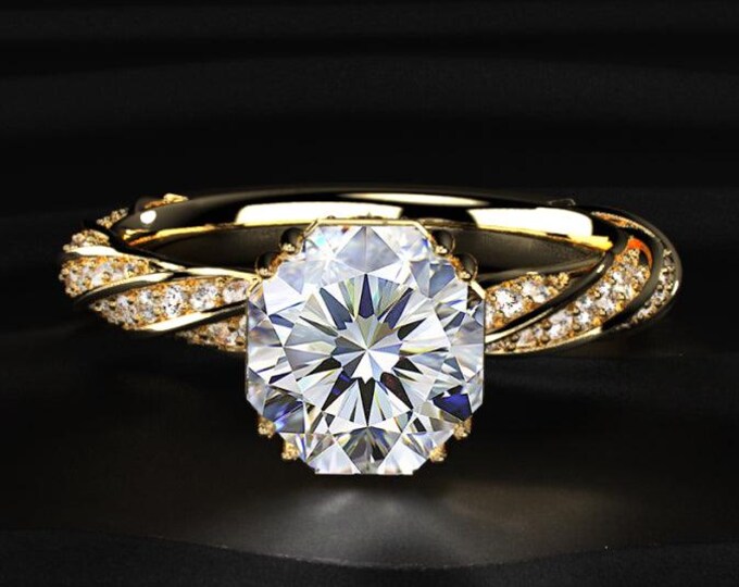 Hexagon Cut Lab Grown Diamond Engagement Ring, Twisted Pave Diamond Band, Octagon Solitaire Ring, 14K Gold Vintage Style Bridal Ring