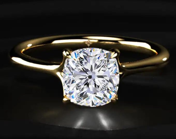 2.50CT Cushion Cut Diamond Engagement Ring, Classic Solitaire Ring, Hidden Diamond Accent Ring, 18K Gold Bridal Ring