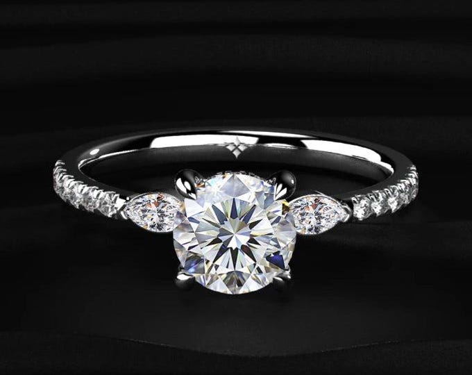 Round Cut Lab Grown Diamond Engagement Ring, Marquise Side Stone Hidden Halo Ring, Pave Band Bridal Ring, 14K Gold Anniversary Gift