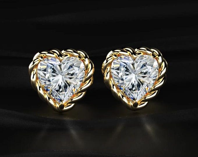 Heart Diamond Rope Halo Earrings Lab Grown Diamond Studs Yellow Gold Romantic Jewelry Gift for Her Love Earrings