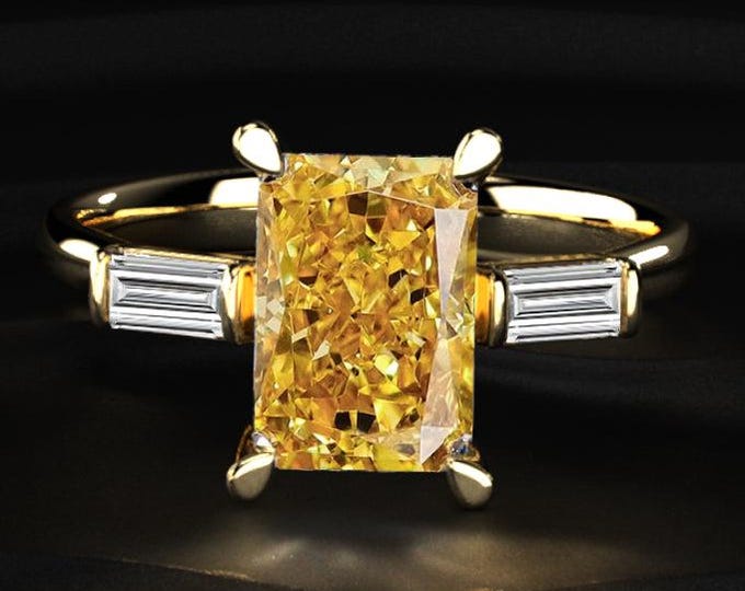 2.50 Ct Yellow Radiant Diamond Ring, Baguette Side Stone Engagement Ring, Prong Set Gold Ring, Lab Grown Diamond Jewelry