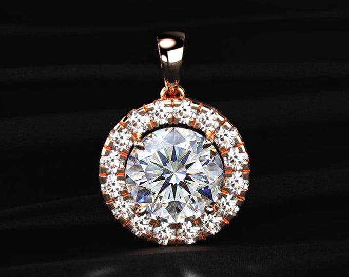Round Lab Grown Diamond Halo Pendant Round Diamond Pendant E Color VVS2 Diamond Charm Anniversary Gift For Her