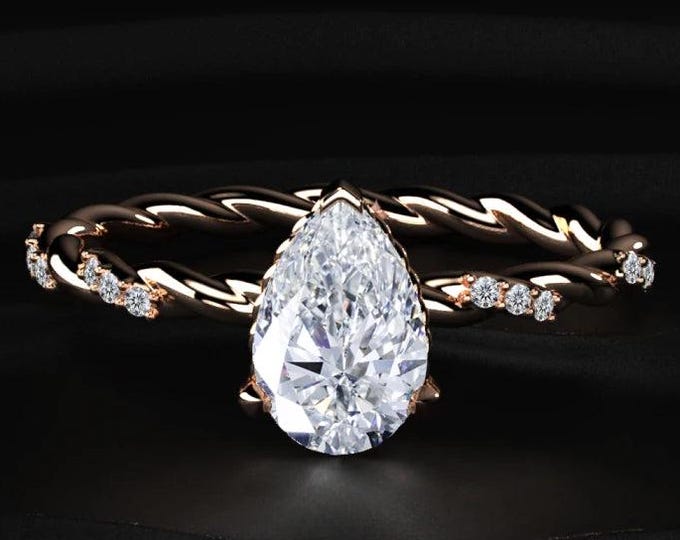 2CT Pear Cut Lab Grown Diamond Ring, Twisted Band Engagement Ring, Pave Diamond Solitaire Ring, Unique Bridal Jewelry Gift for Her
