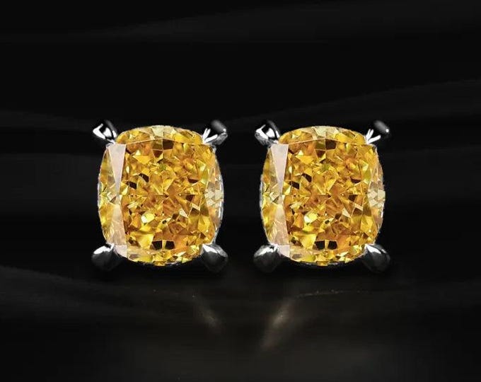 Yellow Cushion Cut Diamond Stud Earrings Lab Grown Fancy Yellow Diamond Studs Gold Solitaire Earrings Gift for Her
