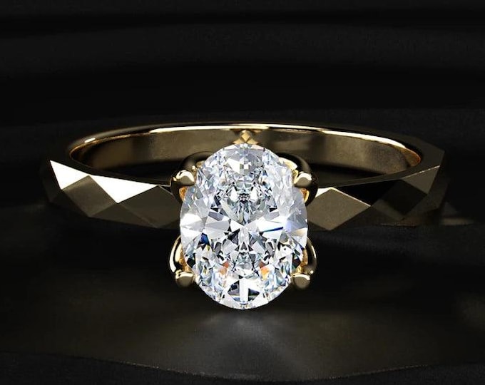 Oval Cut Lab Grown Diamond Engagement Ring, Faceted Gold Band Solitaire Ring, 14K Solid Gold Unique Bridal Ring, Anniversary Gift