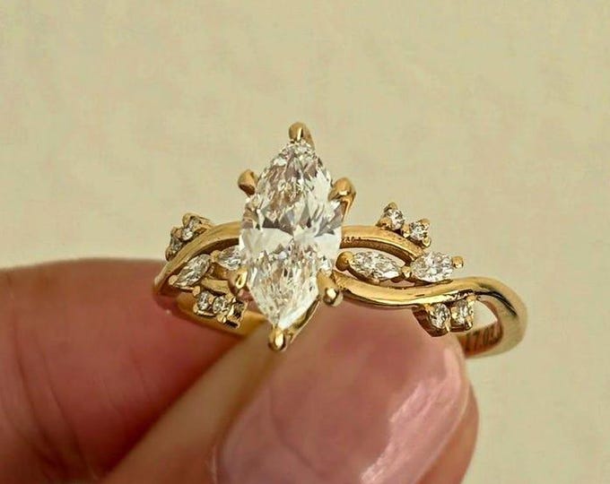 3 CT Marquise Cut Moissanite Diamond Engagement Ring, Gold Leaf Band, Nature Inspired Wedding Ring, Vintage Style Bridal Jewelry