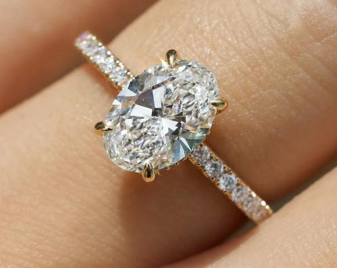 3 CT Oval Cut Moissanite Diamond Engagement Ring | 14k Sollid Gold Rin | Hidden Halo With Diamond Side Accents| Inspired Wedding Band