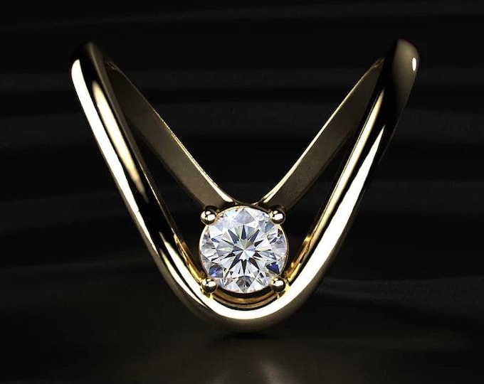 Round Cut Lab Grown Diamond Engagement Ring, V Shape Open Shank Solitaire Ring, 14K Solid Gold Modern Bridal Ring, Anniversary Gift