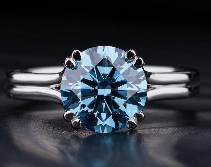 Round Blue Diamond Engagement Ring, Lab Grown Diamond Ring, Split Shank Solitaire Ring, White Gold Ring, Unique Proposal Ring