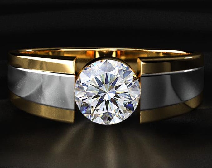 Mens Lab Diamond Ring 1.5CT Round Diamond Ring, Two Tone Gold Ring For Men, Modern Mens Engagement Ring, Luxury Diamond Band