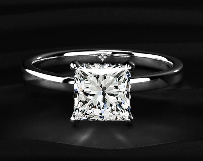 2CT Princess Cut Lab Grown Diamond Ring, Hidden Halo Engagement Ring, Solitaire Diamond Ring, 14K White Gold Wedding Ring Gift