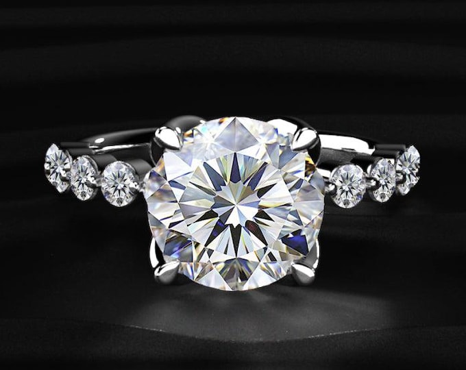 Round Cut Lab Grown Diamond Engagement Ring, Pave Band, Graduated Side Stones, White Gold Bridal Ring, Luxury Vintage Wedding Gift for Her
