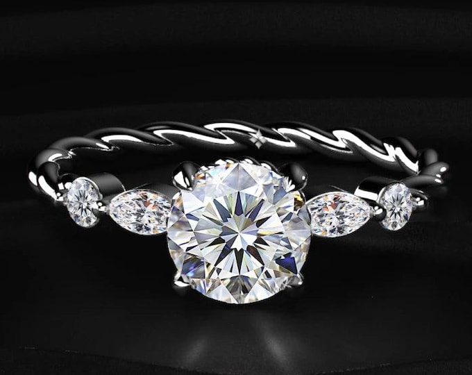 2CT Round Lab Grown Diamond Ring, Marquise Side Stone Engagement Ring, Twisted Band Pave Diamond Ring, Unique Bridal Jewelry