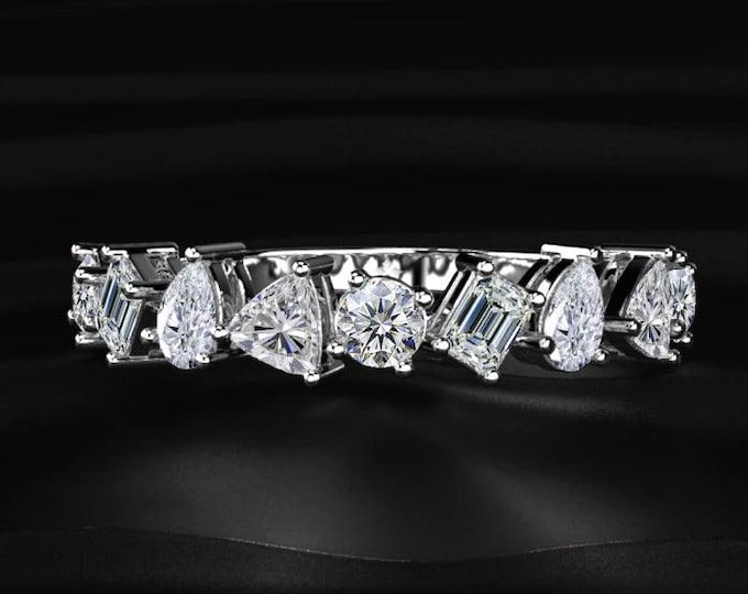 Mixed Shape Lab Grown Diamond Wedding Band, Pear Round Emerald Diamond Eternity Ring, Unique Diamond Anniversary Band, 14K Gold Bridal Ring