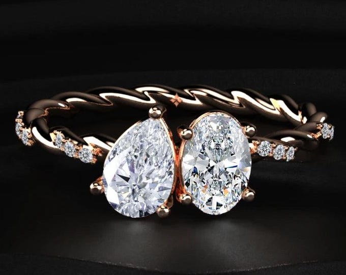 Pear & Oval Toi Et Moi Lab Grown Diamond Ring, Two Stone Engagement Ring, Unique Twisted Band Diamond Ring for Women
