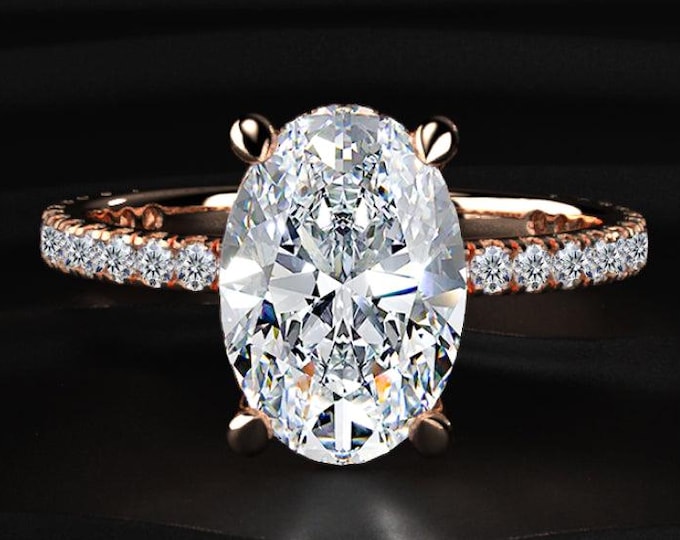 3CT Oval Cut Lab Grown Diamond Engagement Ring Rose Gold Pave Band Hidden Halo Diamond Ring Ethical Diamond Wedding Ring Gift For Her