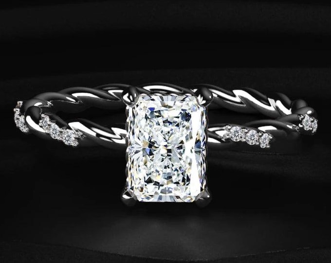 2CT Radiant Cut Lab Grown Diamond Ring, Twisted Band Engagement Ring, Pave Diamond Solitaire Ring, Unique Bridal Jewelry Gift for Her