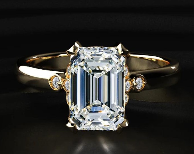 Emerald Cut Lab Grown Diamond Engagement Ring, Leaf Side Stone Diamond Ring, 14K Gold Emerald Solitaire Ring, Nature Inspired Bridal Ring
