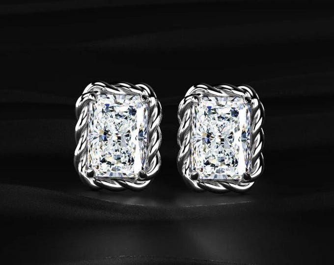 Radiant Cut Diamond Stud Earrings Rope Halo Lab Grown Diamond Studs White Gold Earrings Minimalist Luxury Gift