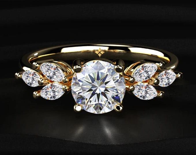 1.50CT Round Lab Grown Diamond Ring, Marquise Side Stone Engagement Ring, Yellow Gold Bridal Ring, Dainty Luxury Gift