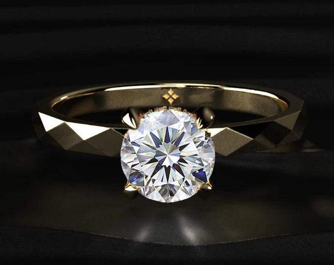 Round Cut Lab Grown Diamond Engagement Ring, Hidden Halo Diamond Ring, Faceted Gold Band Solitaire Ring, 14K Gold Bridal Ring Gift