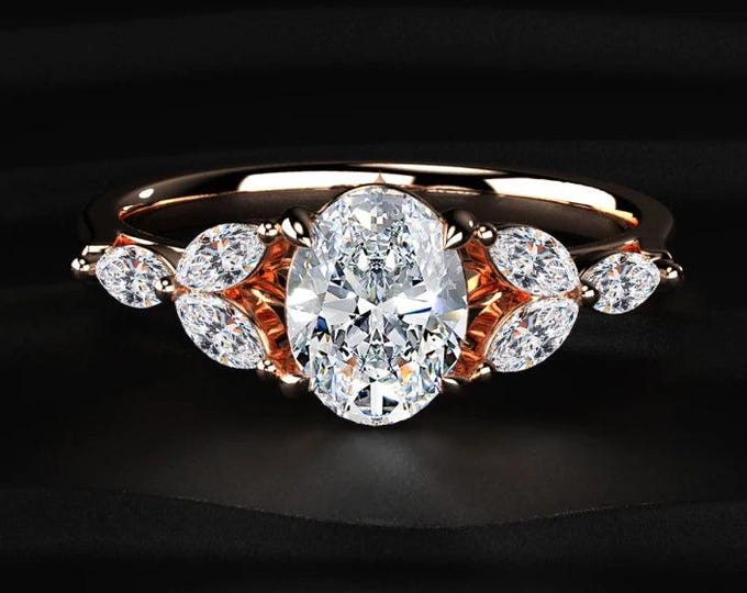 2CT Oval Lab Grown Diamond Ring, Marquise Side Stone Engagement Ring, Rose Gold Bridal Ring, Minimalist Luxury Gift