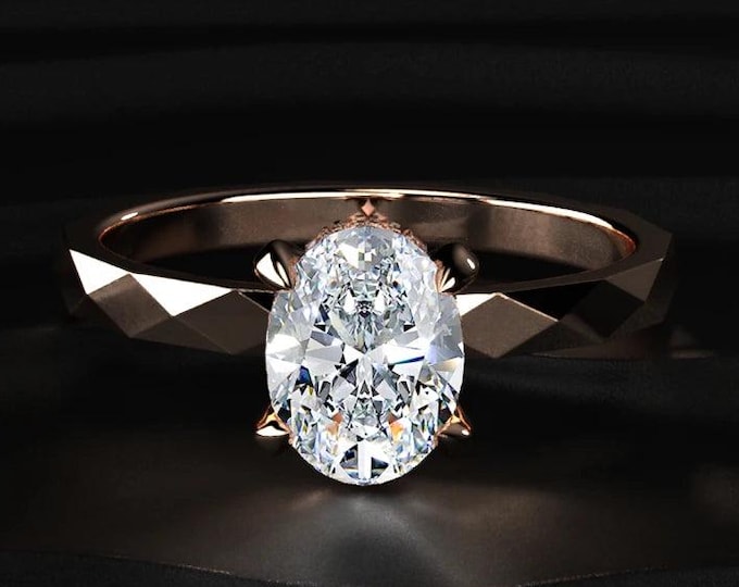 Oval Cut Lab Grown Diamond Engagement Ring, Hidden Halo Oval Diamond Ring, Faceted Gold Band Solitaire Ring, 14K Gold Bridal Ring