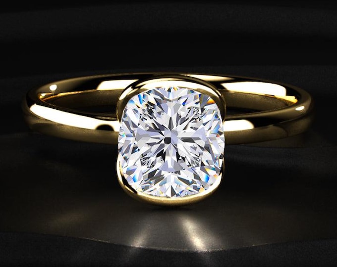 Cushion Cut Lab Grown Diamond Ring, Half Bezel Set Split Shank Engagement Ring, 14K Solid Gold Bridal Ring, Anniversary Gift