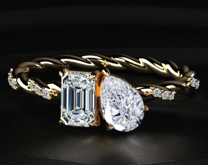 3TCW Toi Et Moi Lab Grown Diamond Ring, Emerald & Pear Cut Engagement Ring, Two Stone Diamond Ring, Unique Bridal Jewelry