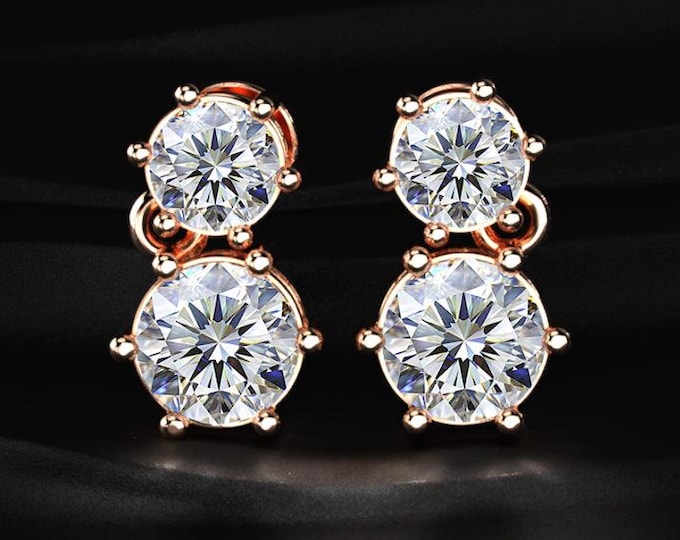Double Diamond Stud Earrings Lab Grown Diamond Two Stone Earrings Minimal Drop Stud Earrings Gift for Her Fine Jewelry