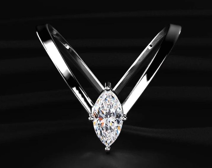 1.00CT Marquise Cut Lab Grown Diamond Engagement Ring, Open Split Shank Solitaire Ring, 14K Solid Gold Bridal Ring, Anniversary Gift for Her