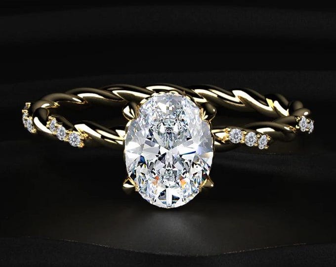 2CT Oval Lab Grown Diamond Ring, Twisted Rope Band Engagement Ring, Pave Diamond Solitaire Ring, Unique Bridal Jewelry Gift For Her