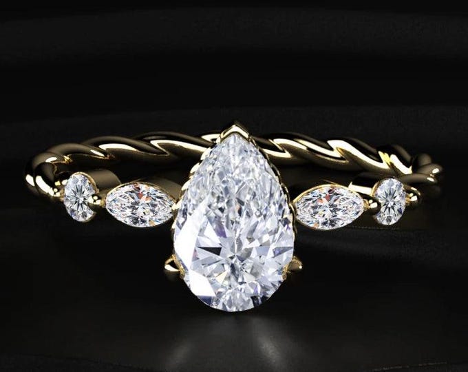 2.5CT Pear Cut Lab Grown Diamond Ring, Marquise Side Stone Engagement Ring, Twisted Band Diamond Ring, Unique Bridal Jewelry