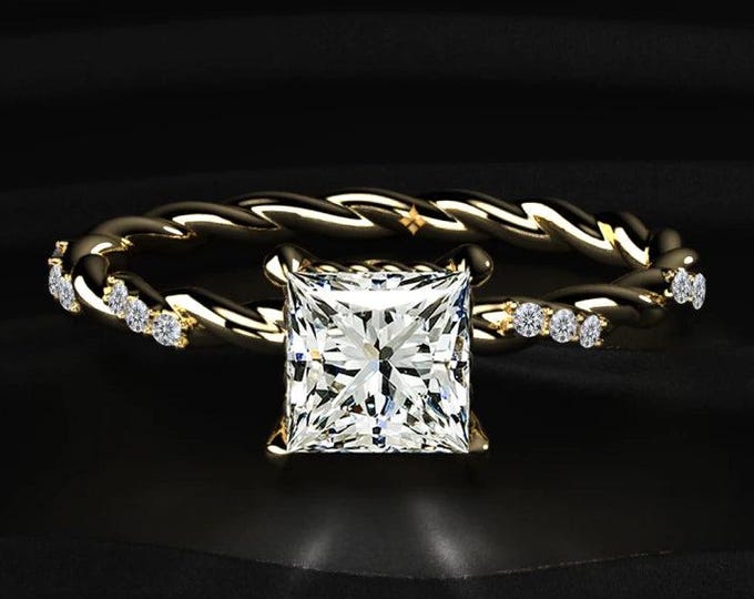2CT Princess Cut Lab Grown Diamond Ring, Twisted Band Engagement Ring, Pave Diamond Solitaire Ring, Unique Bridal Jewelry Gift for Her