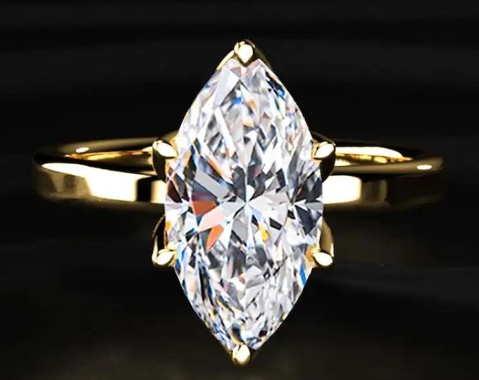 Marquise Cut Diamond Engagement Ring, Lab Grown Diamond Ring, Solitaire Gold Ring, Hidden Floral Detail Ring, Unique Bridal Ring