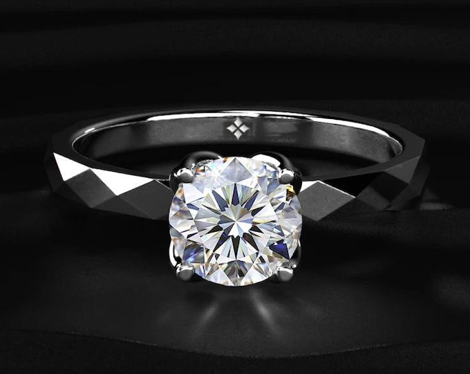 Round Cut Lab Grown Diamond Engagement Ring, Faceted Gold Band Solitaire Ring, 14K Solid Gold Unique Bridal Ring, Anniversary Gift
