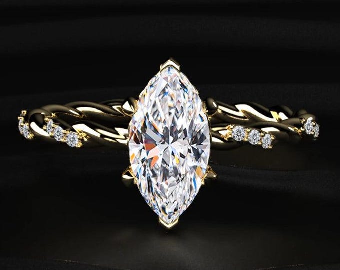 2CT Marquise Cut Lab Grown Diamond Ring, Twisted Band Engagement Ring, Pave Diamond Solitaire Ring, Unique Bridal Jewelry Gift for Her