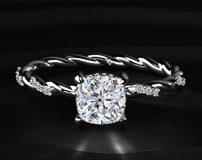 2CT Cushion Cut Lab Grown Diamond Ring, Twisted Band Engagement Ring, Pave Diamond Solitaire Ring, Unique Bridal Jewelry Gift For Her