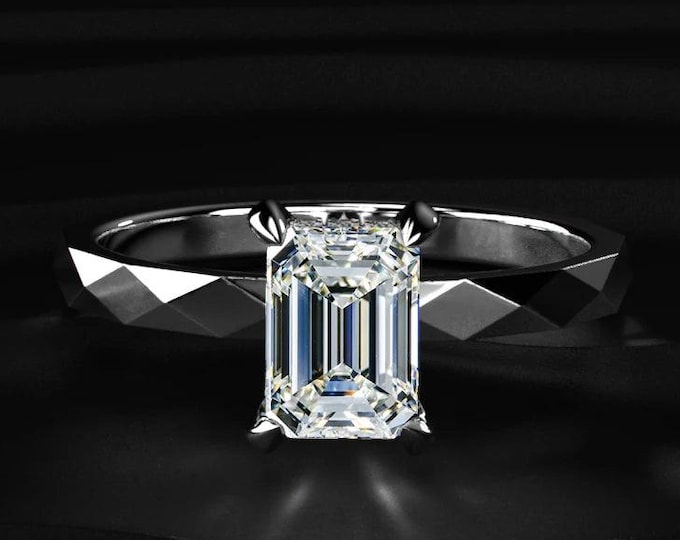 Emerald Cut Lab Grown Diamond Engagement Ring, Faceted Gold Band Solitaire Ring, 14K Solid Gold Unique Bridal Ring, Anniversary Gift