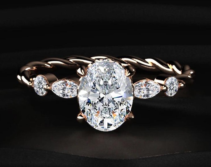 2.5CT Oval Lab Grown Diamond Ring, Marquise Side Stone Engagement Ring, Twisted Band Diamond Ring, Unique Bridal Jewelry