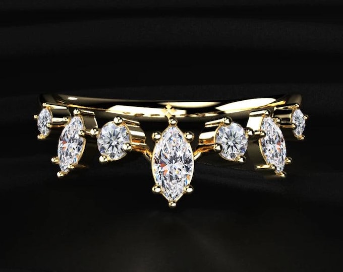 Marquise Lab Grown Diamond Wedding Band, Curved Chevron Diamond Ring, Stackable Anniversary Ring, 14K Gold Marquise Bridal Band